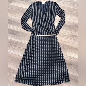 Worth New York Matching Silk Wrap Blouse and Skirt Black Chain Link Print
